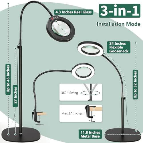 15X Magnifying Glass with Light and Stand, Real Glass Lens, 5 Color Modes, Stepless Dimmable, 24" Flexible Gooseneck 3-in-1 Floor Lamp, LED Lighted Magnifier Hands Free for Close Work, Craft, Painting