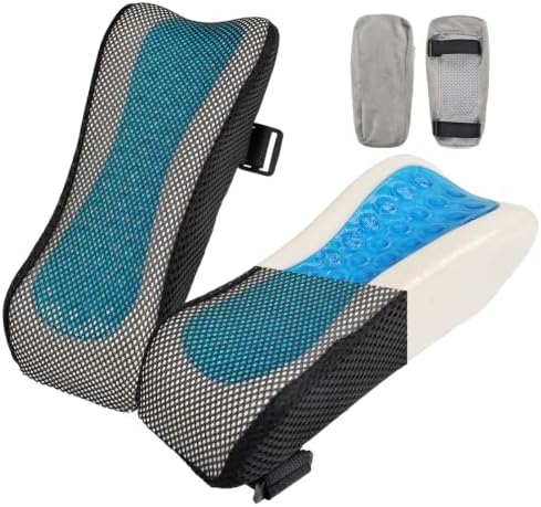 THARAHT 2pcs Ergonomic Blue Mesh Grey Suede Cover Gel Memory Foam Office Chair Armrest Support Pillow Anti Slip Adjustable Armrest for Office Games Home and Wheelchairs