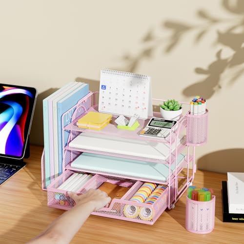 Marbrasse 4-Tier Paper Tray Organizer with Drawer and Pen Holder, Pink