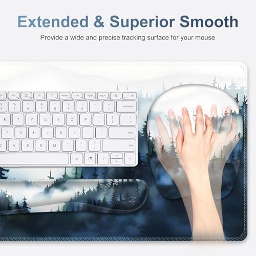 Large Mouse Pad, Keyboard Wrist Rest Set, Ergonomic Mouse Pad with Wrist Support, Desk Mat with Stitched Edges + Coaster, Extended Desk Pad Waterproof Desk Mat for Home Office Game I Misty Forest
