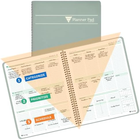Planner Pad Spiral Bound January-December 2027/ Calendar Year 8 1/2" x 11" Large 3-Tier Funnel Down 12 Month/Weekly Organizer, Greenish Grey Cover/Soft Green Ink