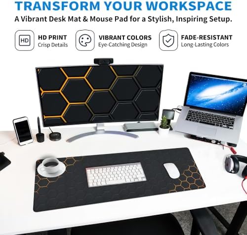 Extended Honeycomb Desk Mat, XL Large Gaming Mouse Pad, Gold Glowing Pattern Stitched Edges Waterproof Non-Slip Rubber Base for Computer Keyboard Laptop Work Home Office 31.5"x11.8"