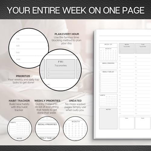 Weekly Hourly Planner Notepad, Daily Planner Desk Pad, Weekly Schedule, To Do List Note Pad, ADHD Planner | 50 Undated Tear Away Sheets | A4 (Mono)