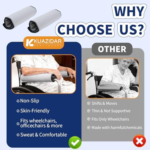 Wheelchair Armrest Covers (Pair)-Memory Foam Wheelchair armrest Pads Wicking Washable Non Slip Arm Rest Cover Cushion Pad for wheelchairs Office Chairs armchairs (Grey)