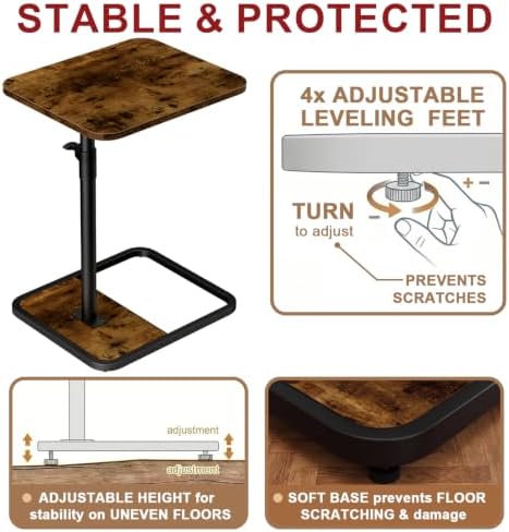 GOYLSER Large C-Shaped Tables Small Swivel End Table, Height Adjustable Side Tables Living Room, Rotating Snack Couch Wooden Tv Trays for Eating On Couch, Rustic Brown