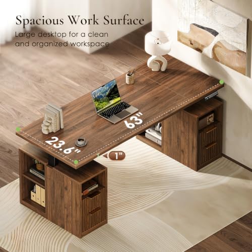 OffiGo Fluted 63 Inch Electric Standing Desk with 2 Storage Cabinet, Walnut