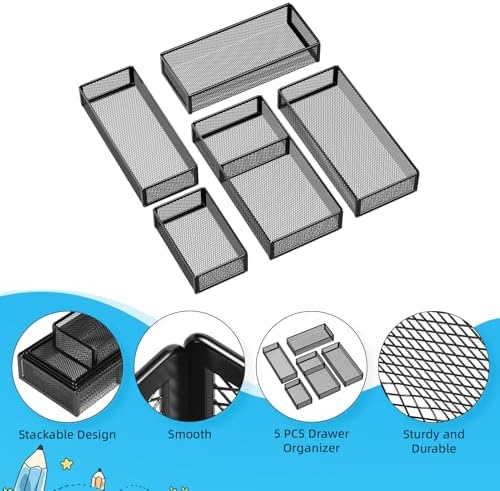 Marbrasse 5 Pack Desk Drawer Organizer Set, Mesh Drawer Storage Trays with 1 Adjustable Divider, Desk Organizers and Accessories, 5 PCS Drawer for Office Supplies, Makeup & Vanity (Black)