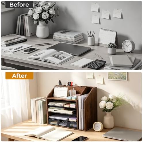 5-Tier Wood Desk Organizer and Pen Holder, File and Mail Sorter with Drawer