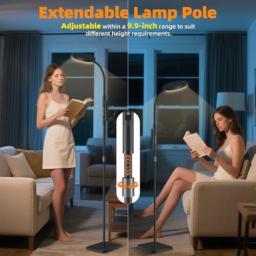 PACOVY Floor Lamp, Adjustable Height Floor Lamps for Living Room Bedroom, 120 LED Super Bright Standing Lamp Remote &Touch Control Dimmable Gooseneck Tall Stand Reading Lamp for Office Craft Black-RGB