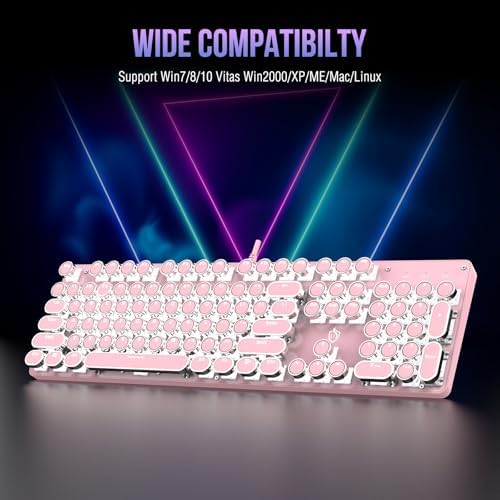 Typewriter Mechanical Gaming Keyboard with RGB Backlit Red Switches, 104 Keys Retro Round Keycap, Wired Typewriter Style Comfortable Typing Soud (Pink)