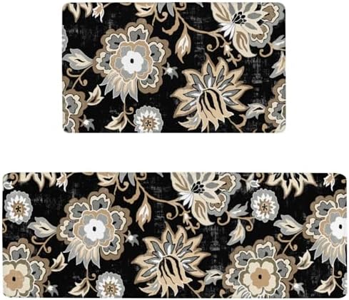 Boho Floral Anti Fatigue Kitchen Rugs, 17.3"x47"+17.3"x29"