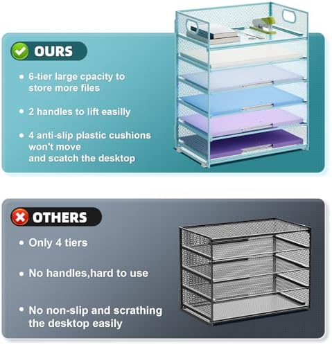 Marbrasse 2 Pack Desk Organizer with Handle, 6 Tier Paper Letter Tray, Mesh Desk File Organizer for Office, School and Home - Blue