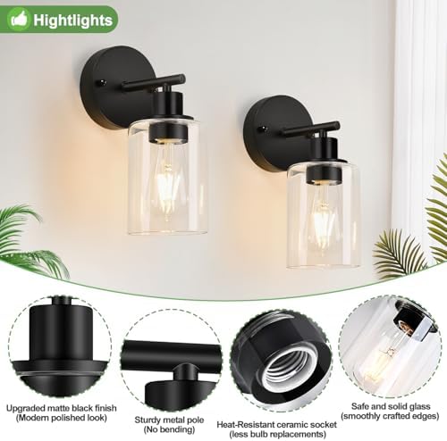 Zarbitta Set of 2 Wall Sconces for Bathroom,Black Modern Vanity Lights with Clear Glass Shade,Bathroom Wall Lamp for Mirror Kitchen Living Room Hallway Cabinet Porch
