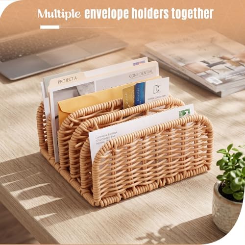 Rattan Mail Organizer for Desk Mail Holder Countertop with 5 Slot Rattan Letter Sorter File Holder Envelope Book Stand Farmhouse Office Desk Organizer and Storage Accessories