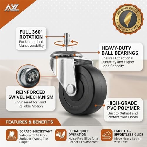 AXL 2" Caster Wheels, 1/4"-20 x 15mm Threaded Stem Casters with Brake, Standard US Coarse Thread, Quiet Rolling PVC Swivel Wheels for Furniture & Rolling Cart (4 Pack)