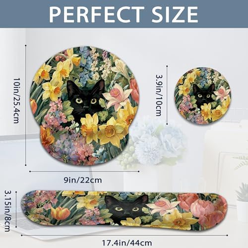 Cute Black Cat Ergonomic Keyboard and Mouse Wrist Rest Set, Flowers Mouse Pad with Non Slip Base, Soft Cloth Surface for Office and Home Typing Support