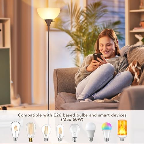 Coucrek Floor Lamp, LED Standing Lamps with White Plastic Shade, Corner Floor Lights for Living Room Bedroom, Rotary Switch, Bulb not Included, Brown