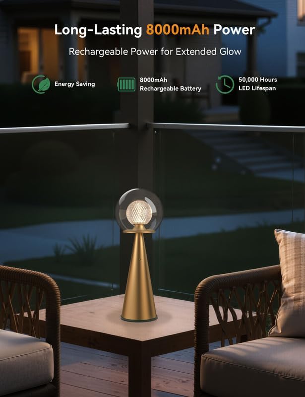 Tubicen Gold Cordless Table Lamp Rechargeable 8000mAh Portable Dual-Globe