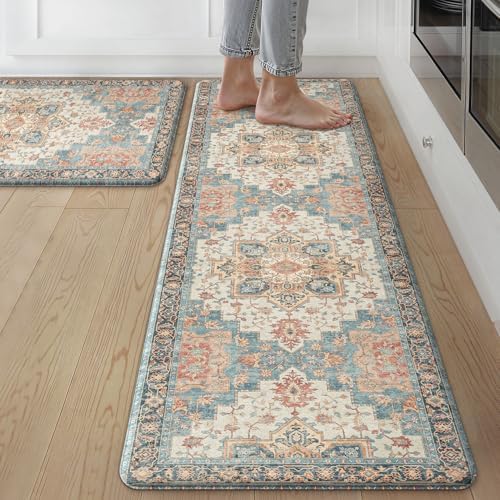 GENIMO Anti Fatigue Kitchen Mats for Floor 2PCS, Standing Rugs,BlueCoral
