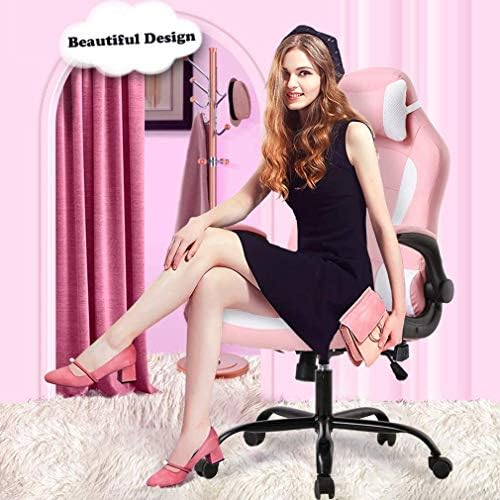 Gaming Chair Office Chair Desk Chair Ergonomic High Back Computer Chair with Lumbar Support Flip-up Arms Headrest PU Leather Swivel Task Chair for Women Men Adult, Pink