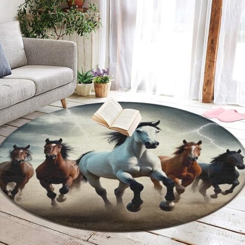 Men's Large Home Decor Mat, Soft Round Yoga Carpet, Non Slip Machine Washable Home Office Circle Rug Running Horse