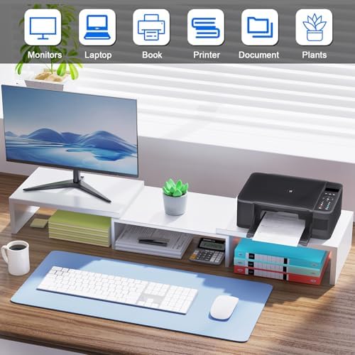 Desk Organizers and Accessories, Dual Monitor Stand Riser, Monitor Desk Shelf for Desktop Organization (White)