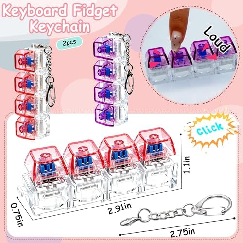 2 PCS Keyboard Fidget Toy, Keyboard Fidget Keychain 4-in-1 Keyboard Decompression Button Finger Clicker Toys, Button Stress Relief Fidget Gifts to Relief Stress (Pink Purple)