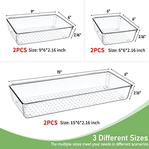 6 PCS Clear Plastic Drawer Organizer, Large 15" X 6" 3-Size Acrylic Stackable Kitchen Drawer Storage Tray, Bathroom Drawer Organizer Trays, Storage bins for Cosmetics Bathroom Kitchen Office