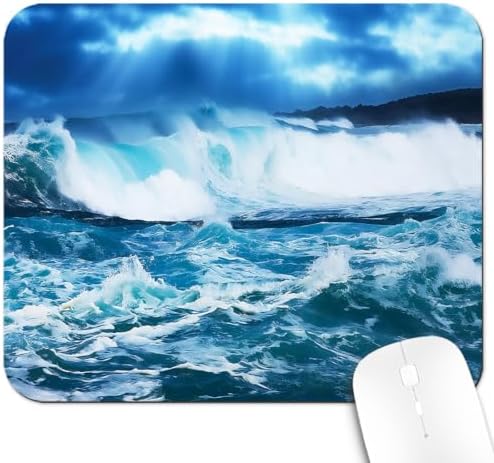 9.5x7.9 Inch Office/Gaming Mouse Pad, Turquoise Crashing Ocean Waves Coastal Stormy Sea & Sunbeams, Cute Anti-Slip Mat for Desk Decor