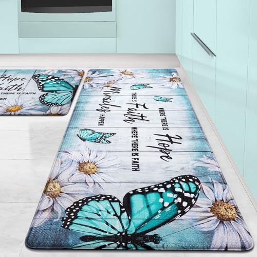 Likiyol Butterfly Floral Kitchen Rugs 2 Piece Farmhouse Kitchen Mats Cushioned Anti Fatigue, Non Slip Washable Kitchen Mats for Floor White Daisy Kitchen Floor Comfort Mats, 18'' x 30'' + 18'' x 48''