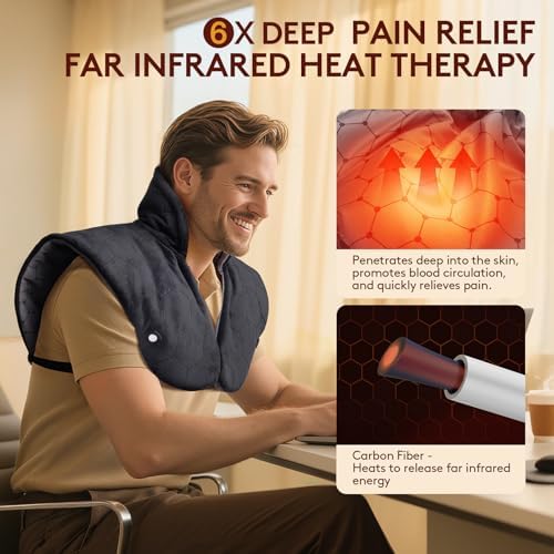 Far Infrared Heating Pad for Neck and Shoulders and Back - 6X Deeper Pain Relief, Graphene 30s Fast Heat, 8 Heat Setting, 16 Timer, Automatic Memory, Weighted Heating Pads Gift for Women&Men (Black)
