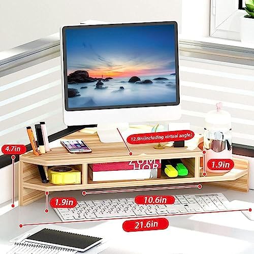 Triangle Monitor Stand Riser,Cut Triangle Save Space Desktop Corner,Desktop corner shelf with drawers wooden computer stand with storage laptop risers office organization. (No drawer)