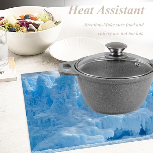Shrahala Winter Icicle Blue Set of 6 12 X 18 Inch Linen Placemats, White Mist Snow Scene Burlap Table Mat Washable Double Layered Heat Insulation for Indoor/Outdoor