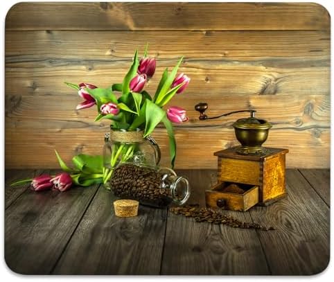 Vintage Coffee Beans Grinder with Pink Tulips Mouse Pad, Cute Desk Mat