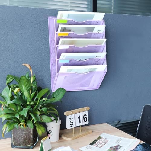5 Pockets Mesh Wall File Holder Organizer Office Hanging File Folder Magazine Rack, Nametag Label Hooks Set Included (Purple)