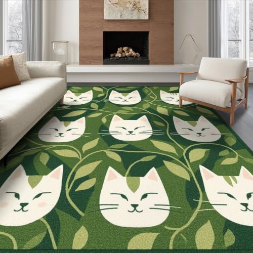 8'x10' Green Cat Forest Faces Interlinked by Ultra-Soft Area Rug