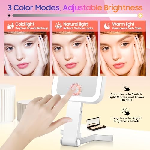 GOMIPURU Magnifying Travel Mirror with Light, 30X/1X Double-Sided Magnifying Mirror with 3 Color Lights, Brightness Adjustable, Foldable Handheld Makeup Mirrors Portable for Travel and Desktop, Sliver
