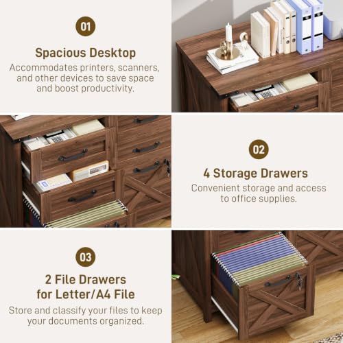 Halitaa Farmhouse Lateral File Cabinet with 6 Drawers, Walnut