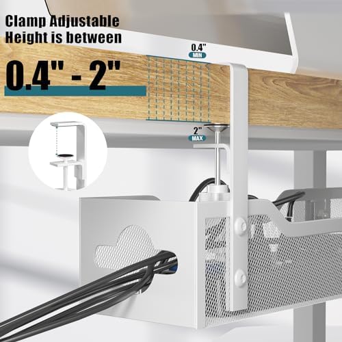 Under Desk Cable Management Tray White, Litwaro Cable Management Under Desk No Drill, 25'' Cable Tray with Clamp for Wire Management, Cord Organizer for Office, Home - No Damage to Table