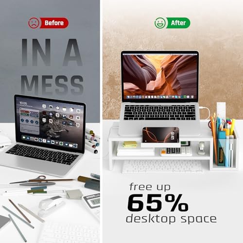 AFOOYO Adjustable Wood Laptop Stand, Ergonomic Height & Angle Computer Riser with Pen Holder – Compatible with MacBook Air/Pro, Dell, HP, Lenovo & 10-17.3" Notebooks – White