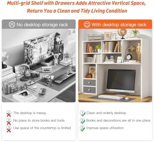 REIBII Desktop Bookshelf, 8 Shelves Desk Hutch for Dorm Room, White