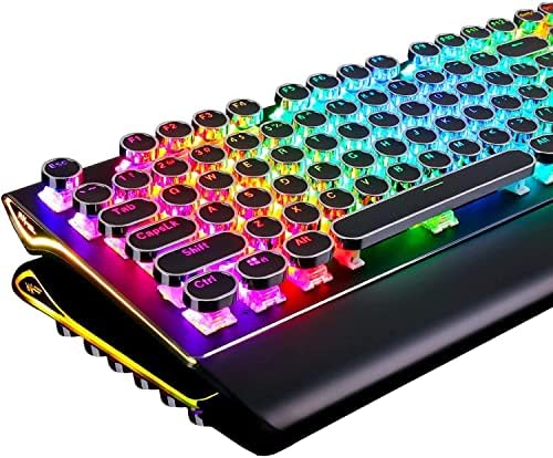 RK ROYAL KLUDGE S108 Typewriter Style Mechanical Gaming Keyboard with RGB Backlit, Wired PC Game Keyboard Full Size with Detachable Wrist Rest and Number Pad, Retro Round Keycaps, Red Switches Black