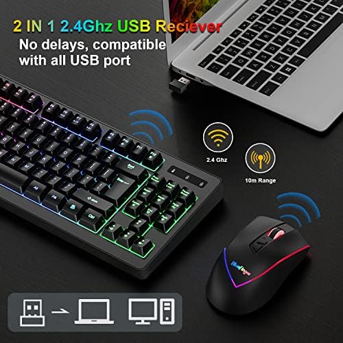 BlueFinger Wireless Keyboard and Mouse Combo, Long Lasting Rechargeable Battery 87 Keys RGB Rainbow Backlit Gaming Keyboard & Ergonomic Light Up Gaming Mouse for Mac Laptop Computer PC Gamer