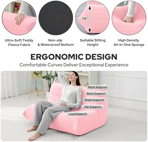 HABUTWAY Bean Bag Chairs Fireside Lazy Floor Sofa,2 Seater,Pink