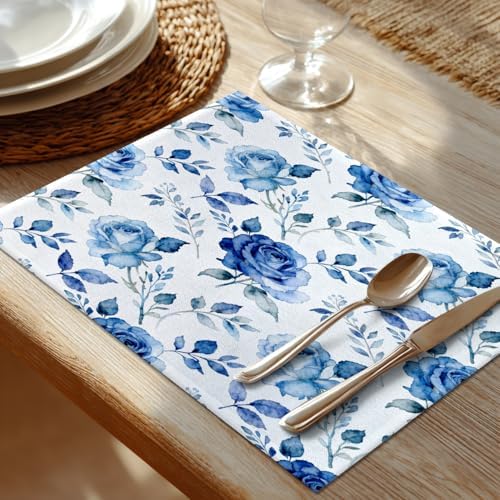 Shrahala Blue Nature Rose Placemats, White Table Mat Linen Burlap Washable Double-Deck Heat Insulation for Dining/Kitchen Table Set of 6 (12 X 18 Inch)