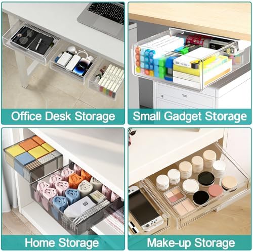 SVNNELP Under Desk Table Drawer Storage Organizer,3 Pack Small & Medium & Large Slide Out Desk Drawers - Hidden Desktop Organizer,Adhesive Storage Pencil Tray Under Table(Clear/LMS)