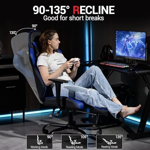 Gaming Chair with Footrest, Video Game Chair with Massage, PU Leather Computer Chair, Lumbar Support for Men Women, Home Office, Height Adjustable, Ergonomic High Back, Blue