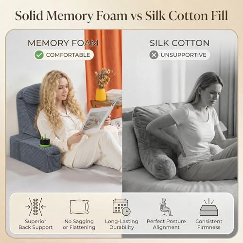 Reading Pillow for Adults, Back Pillow for Bed Sitting Up, Backrest Pillow for Sitting in Bed, Detachable Arms with Built-in Cup & Phone Caddy (Dark Gray-Corduroy, 19 INCH)