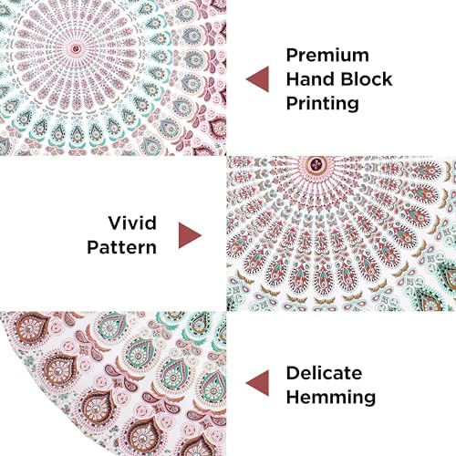 raajsee White Brown Round Beach Tapestry Hippie/Boho Beach Blanket Mandala/Indian Cotton Throw - Round Tablecloth/Home Decor/Indie Rug Yoga Mat Meditation Picnic Rugs 127 CM / 50 INCHE Circle