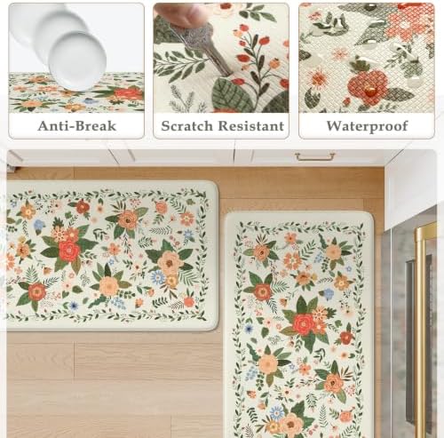 KIMODE Kitchen Mats for Floor Anti Fatigue, White Floral Rugs for Decor